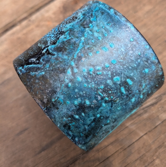 Blue Oxidized Rustic Wide Brass Cuff Bracelet - Picture 4 of 11